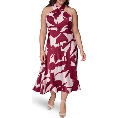 Donna Karan Print Twist Front Halter Midi Dress In Burgundy