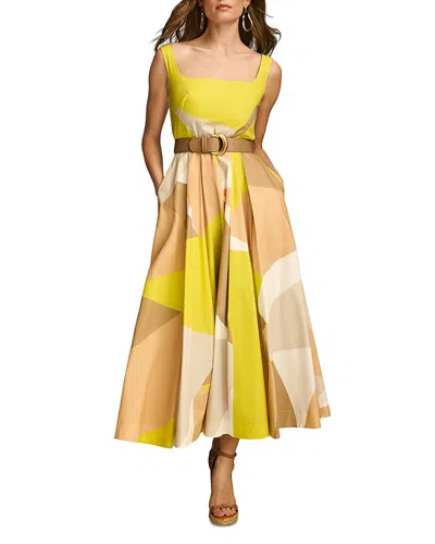 Donna Karan Printed Belted Square Neck Dress In Fawn Multi