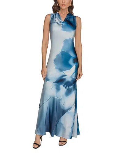 Donna Karan Printed Charmeuse Cowl Neck Gown In Blue