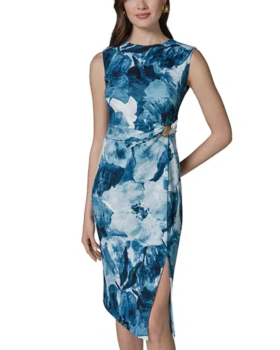 Donna Karan Printed Gathered Waist Midi Dress In Blue