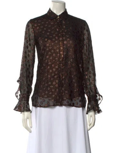 Pre-owned Donna Karan Printed Long Sleeve Button-up Top In Brown