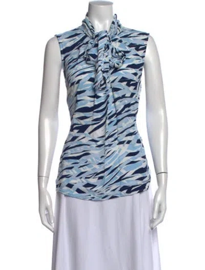 Pre-owned Donna Karan Printed Tie Neck Blouse In Blue