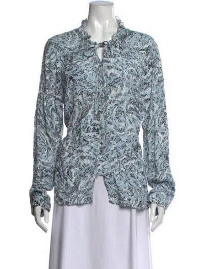 Pre-owned Donna Karan Printed Tie Neck Blouse In Blue