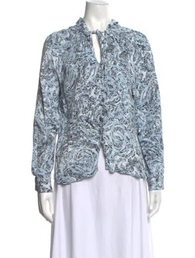 Pre-owned Donna Karan Printed Tie Neck Blouse In Blue/white