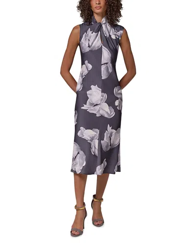 Donna Karan Printed Twist Neck Midi Dress In Gray