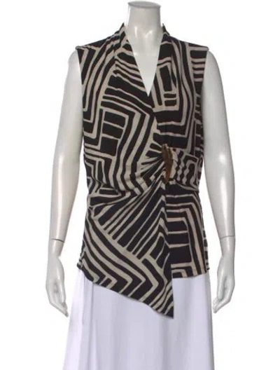 Pre-owned Donna Karan Printed V-neck Top W/ Tags In Black