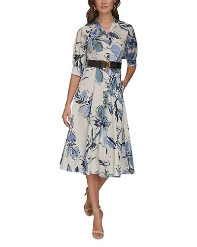Donna Karan Puff Sleeve Midi Shirt Dress In Multi