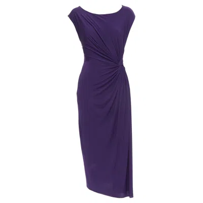 Pre-owned Donna Karan Purple Draped Side Knot Criss Cross Back Grecian Dress L