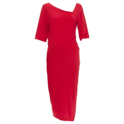 Pre-owned Donna Karan Red Asymmetric Neck Tuck Draped Midi Dress L