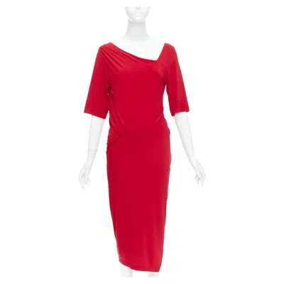 Pre-owned Donna Karan Red Asymmetric Neck Tuck Draped Midi Dress L