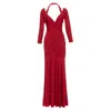 Donna Karan Red Halter Plunge Tucked Draped Evening Gown Dress In Red
