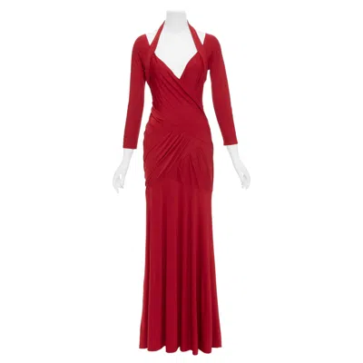 Pre-owned Donna Karan Red Halter Plunge Tucked Draped Evening Gown Dress L