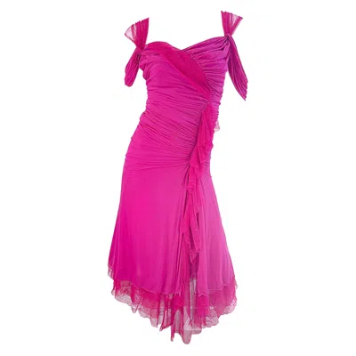 Pre-owned Donna Karan Runway Fall 2004 Hot Pink Off Shoulder Vintage Jersey Tulle Dress