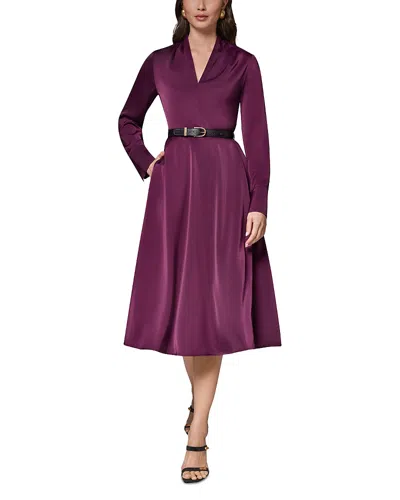 Donna Karan Satin A Line Belted Midi Dress In Purple