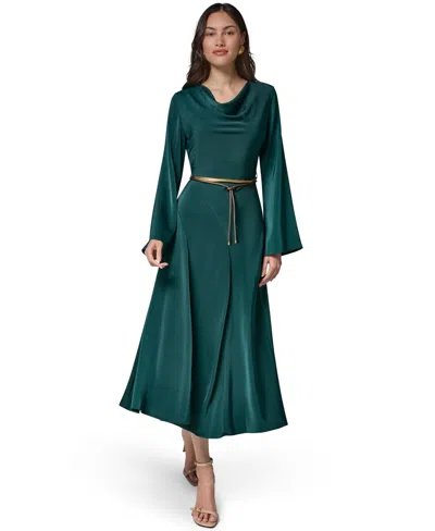 Donna Karan Satin Long Sleeve Cowl Neck Belted A-line Dress In Green