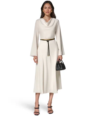 Donna Karan Satin Long Sleeve Cowl Neck Belted A-line Dress In White