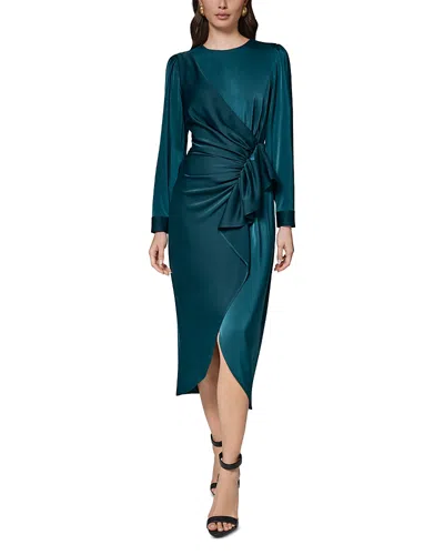 Donna Karan Satin Side-ruched Cascade Ruffle Midi Dress In Green