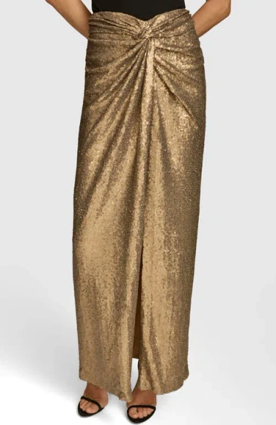 Donna Karan Sequin Front Knot Skirt In Antique Gold