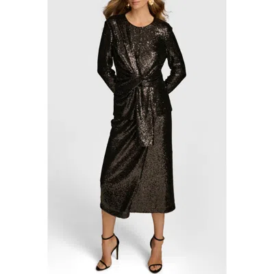 chinese dress ladies See and Be Seen Long Sleeve Sequin Faux Wrap Dress in Black and Gold Small main image 1