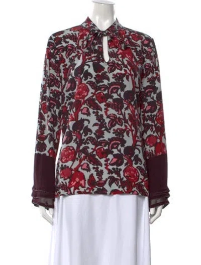 Pre-owned Donna Karan Silk Floral Print Blouse In Burgundy