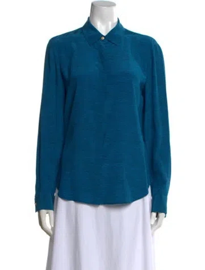 Pre-owned Donna Karan Silk Long Sleeve Button-up Top In Blue