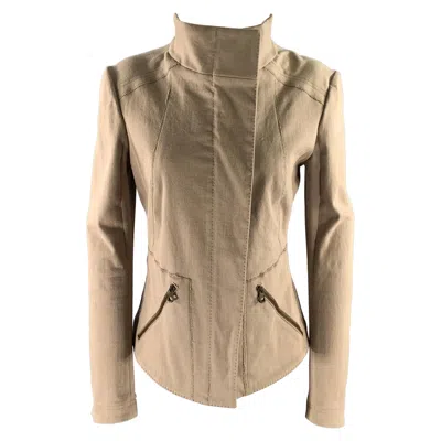Pre-owned Donna Karan Size 8 Beige Cotton Blend Mock Collar Jacket In Brown