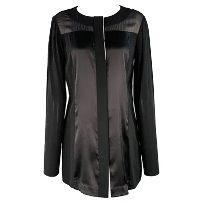 Pre-owned Donna Karan Size 8 Black Cream Viscose Blend Mixed Materials Hidden Buttons Blouse In White