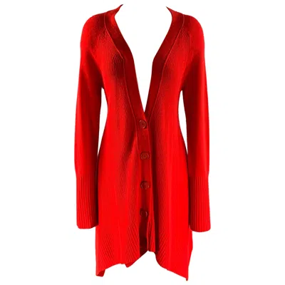 Pre-owned Donna Karan Size S Red Merino Wool Cashmere Long Cardigan