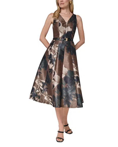 Donna Karan New York Printed V-neck Belted Midi Dress In Multi
