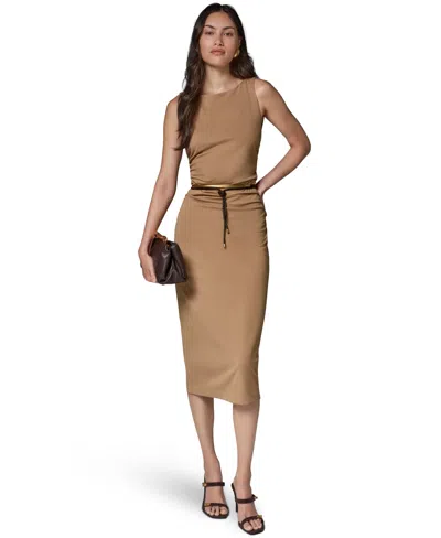Donna Karan Sleeveless Boat Neck Ponte Belted Midi Sheath Dress In Brown