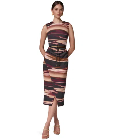 Donna Karan Sleeveless Printed Midi Sheath Dress With Belt In Brown