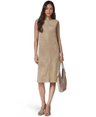 Donna Karan Sleeveless Faux Suede Sheath Dress In Brown