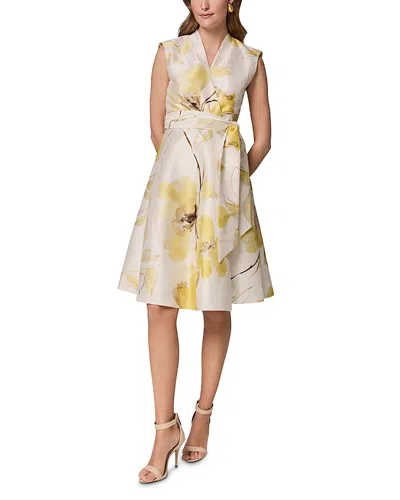 Donna Karan Sleeveless V Neck Jacquard Faux Wrap A Line Dress In Multi