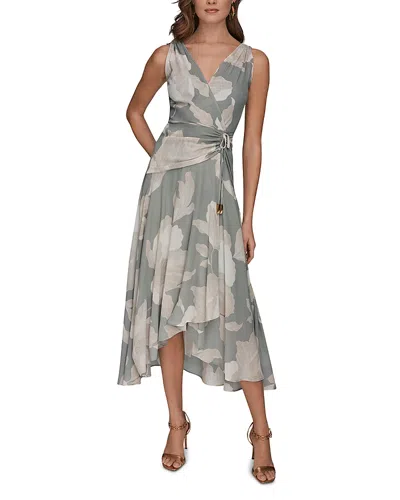 Donna Karan Sleeveless Wrap-effect V-neck Floral Midi Dress In Gray