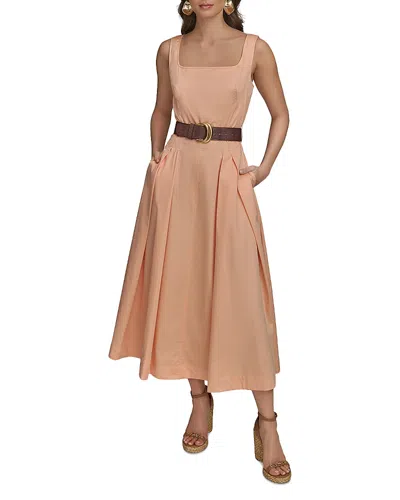 DONNA KARAN SQUARE NECK BELTED A-LINE DRESS