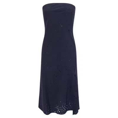 Pre-owned Donna Karan S/s 2000  Runway Navy Blue Perforated Strapless Flare Mini Dress