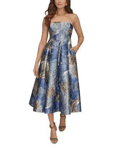 Donna Karan Strapless Jacquard Midi Dress In Blue