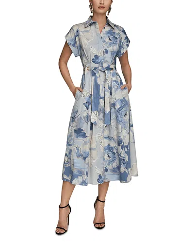 Donna Karan Tie Front Cap Sleeve Shirtdress In Blue