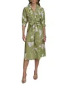 Donna Karan New York Print Tie Waist Linen Blend Midi Shirtdress In Green