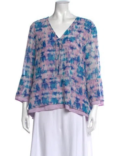Pre-owned Donna Karan Tie-dye Print V-neck Blouse In Blue