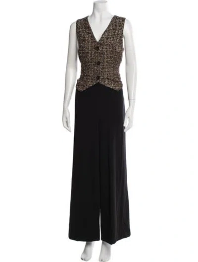 Pre-owned Donna Karan Tweed Pattern V-neck Jumpsuit In Blue