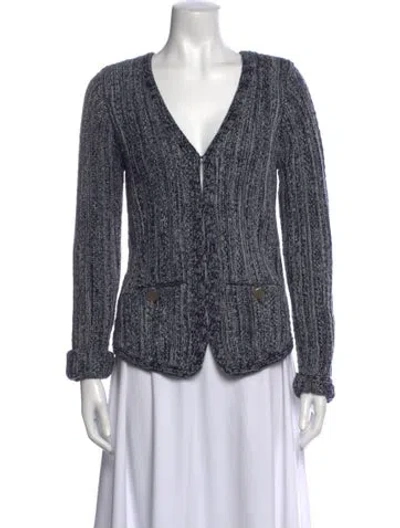 Pre-owned Donna Karan Tweed Pattern V-neck Sweater In Blue