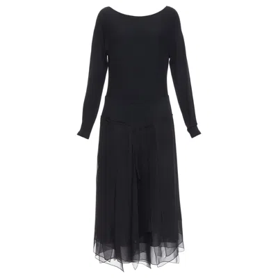 Pre-owned Donna Karan Vintage Black Silk Trimmed Viscose Wool Boxy Midi Dress L