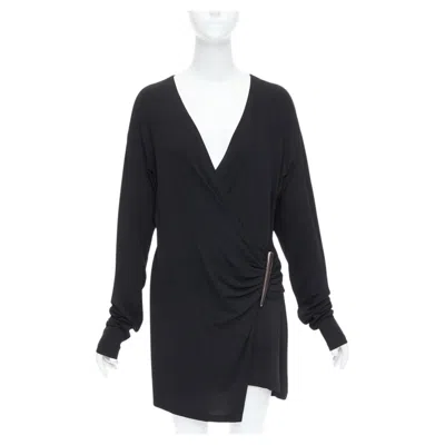 Pre-owned Donna Karan Vintage Black Viscose Blend V Neck Silver Buckle Drape Mini Dress L