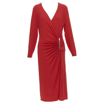 Pre-owned Donna Karan Vintage Red Viscose Blend V Neck Silver Buckle Drape Midi Dress L