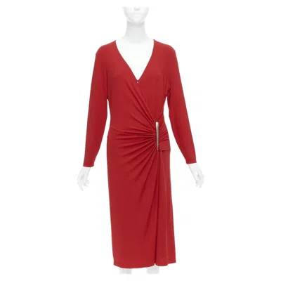Pre-owned Donna Karan Vintage Red Viscose Blend V Neck Silver Buckle Drape Midi Dress L