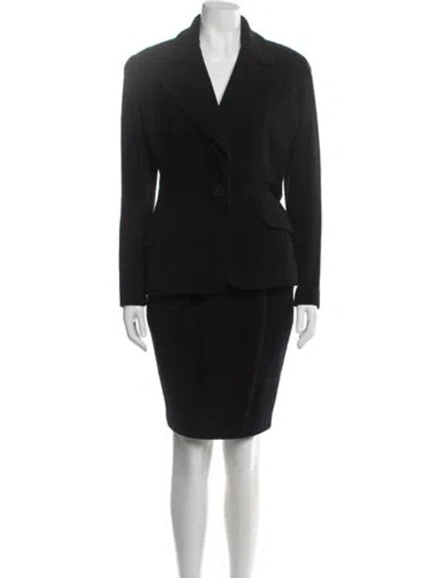 Pre-owned Donna Karan Virgin Wool Leather Trim Embellishment Skirt Suit In Black