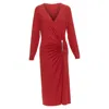 Donna Karan Viscose Blend V Neck Silver Buckle Drape Midi Dress In Red