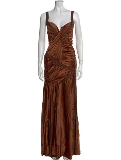 Pre-owned Donna Karan V-neck Long Dress In Brown