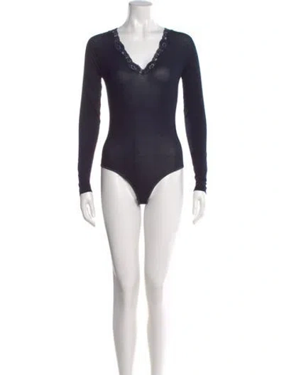 Pre-owned Donna Karan V-neck Long Sleeve Bodysuit In Blue